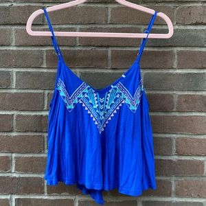 Blue Tank Crop Top with Embroidery Detail